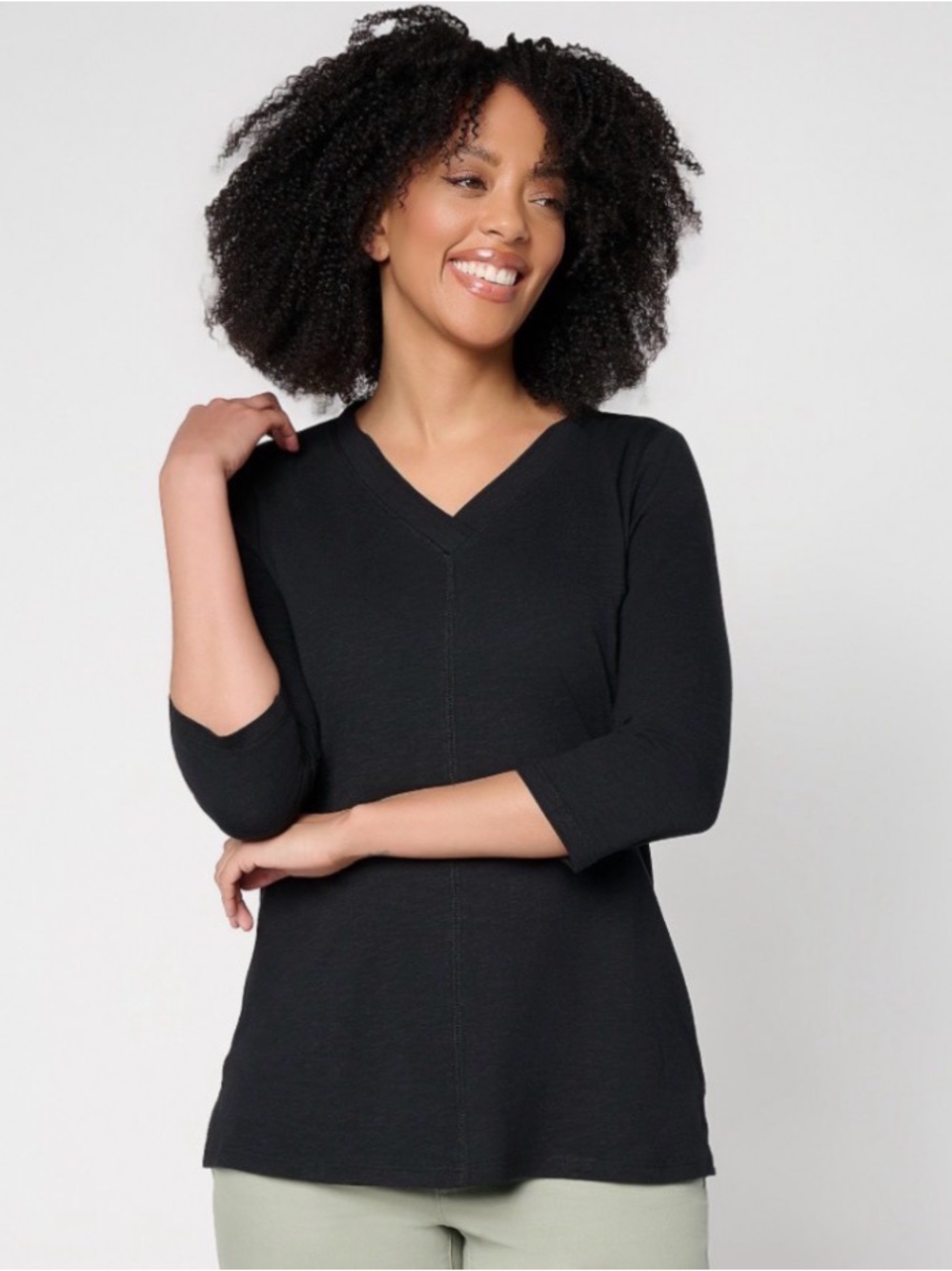 Belle by Kim Gravel TripleLuxe Linen V-Neck 3/4 Sleeve Top Size M Black